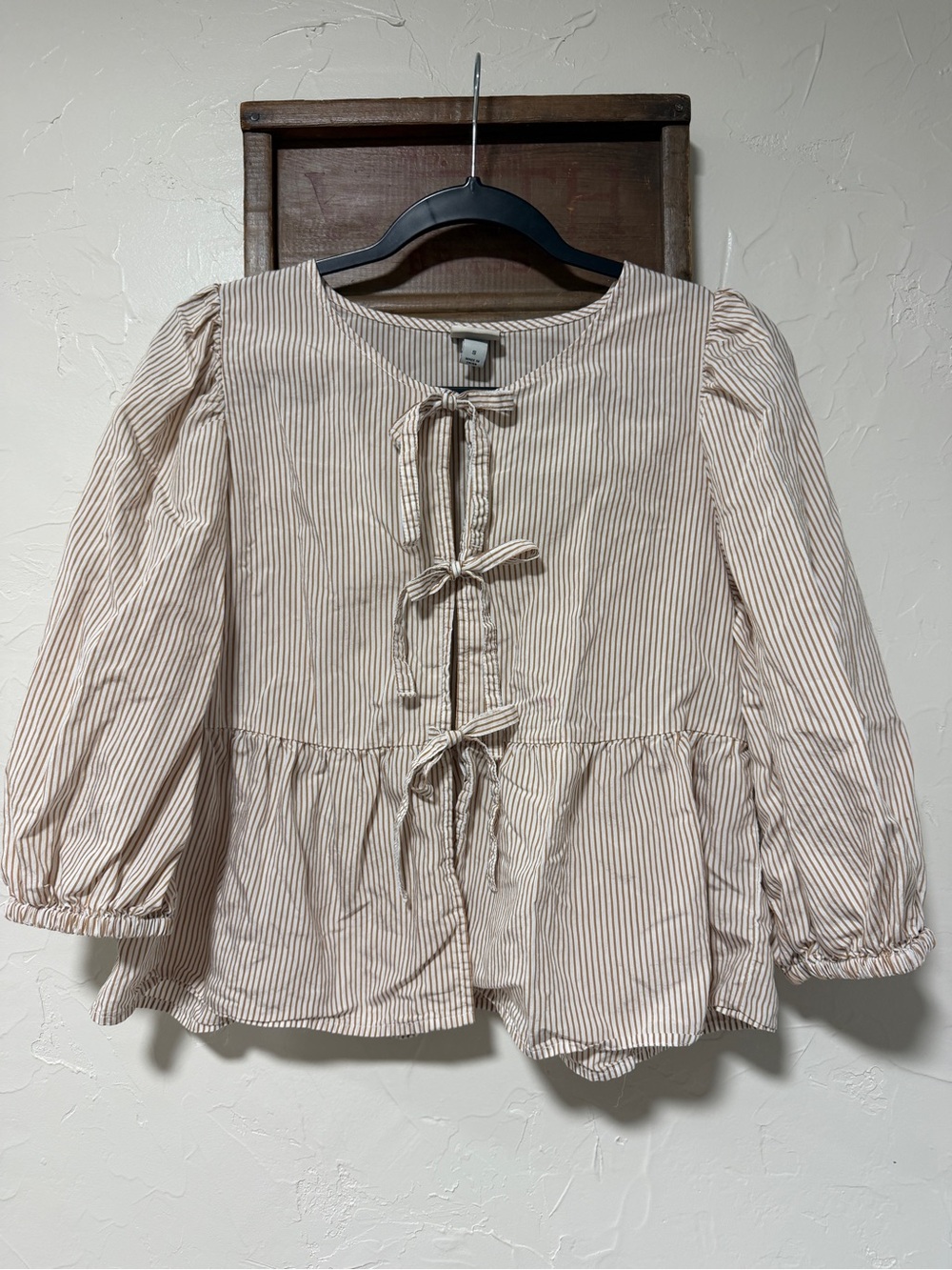 a new day Beige & White Striped Tie-Front Peplum Blouse